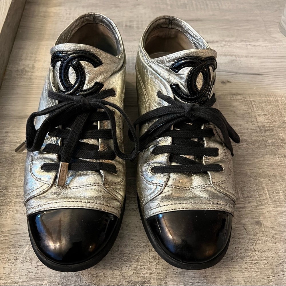 CHANEL Metallic Silver and Black Loafers